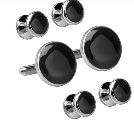 Beveled Black Enamel and Silver Cufflinks with Formal Shirt Studs