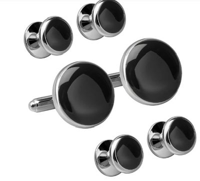 Beveled Black Enamel and Silver Cufflinks with Formal Shirt Studs