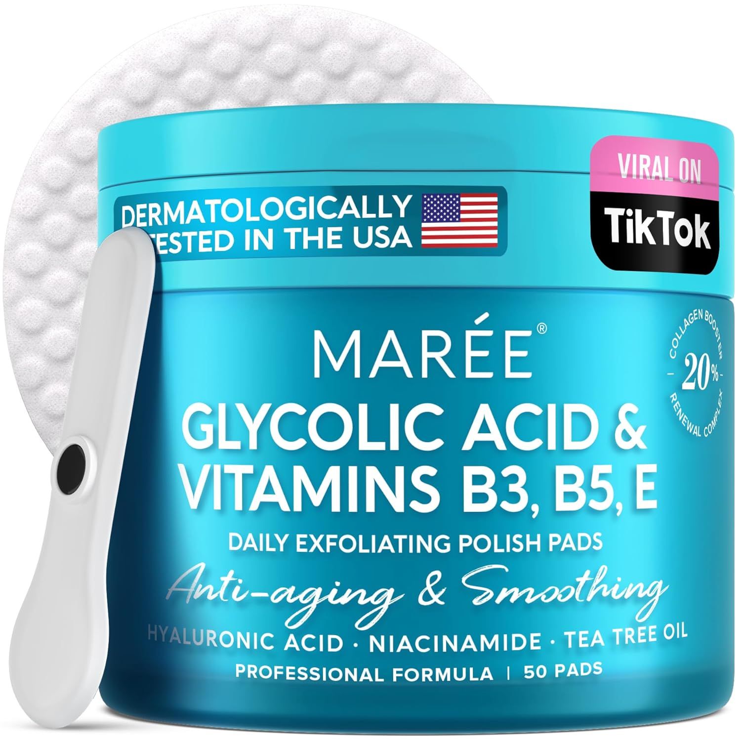 MAREE Glycolic Acid Polishes - Toner Pads for Face Cleansing - Tea Tree Oil, Salicylic Acid &amp; Vitamins E, B3, B5 - Facial Peel &amp; Radiance Deep Cleaning Effect - 50 Count