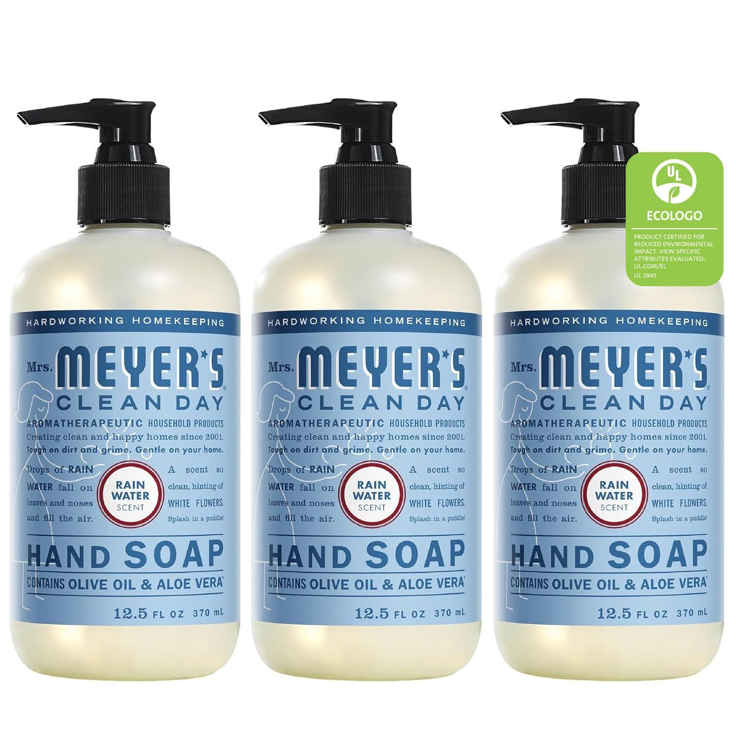 MRS. MEYER&#39;S CLEAN DAY Hand Soap, Made with Essential Oils, Biodegradable Formula, Rain Water, 12.5 fl. oz - Pack of 3