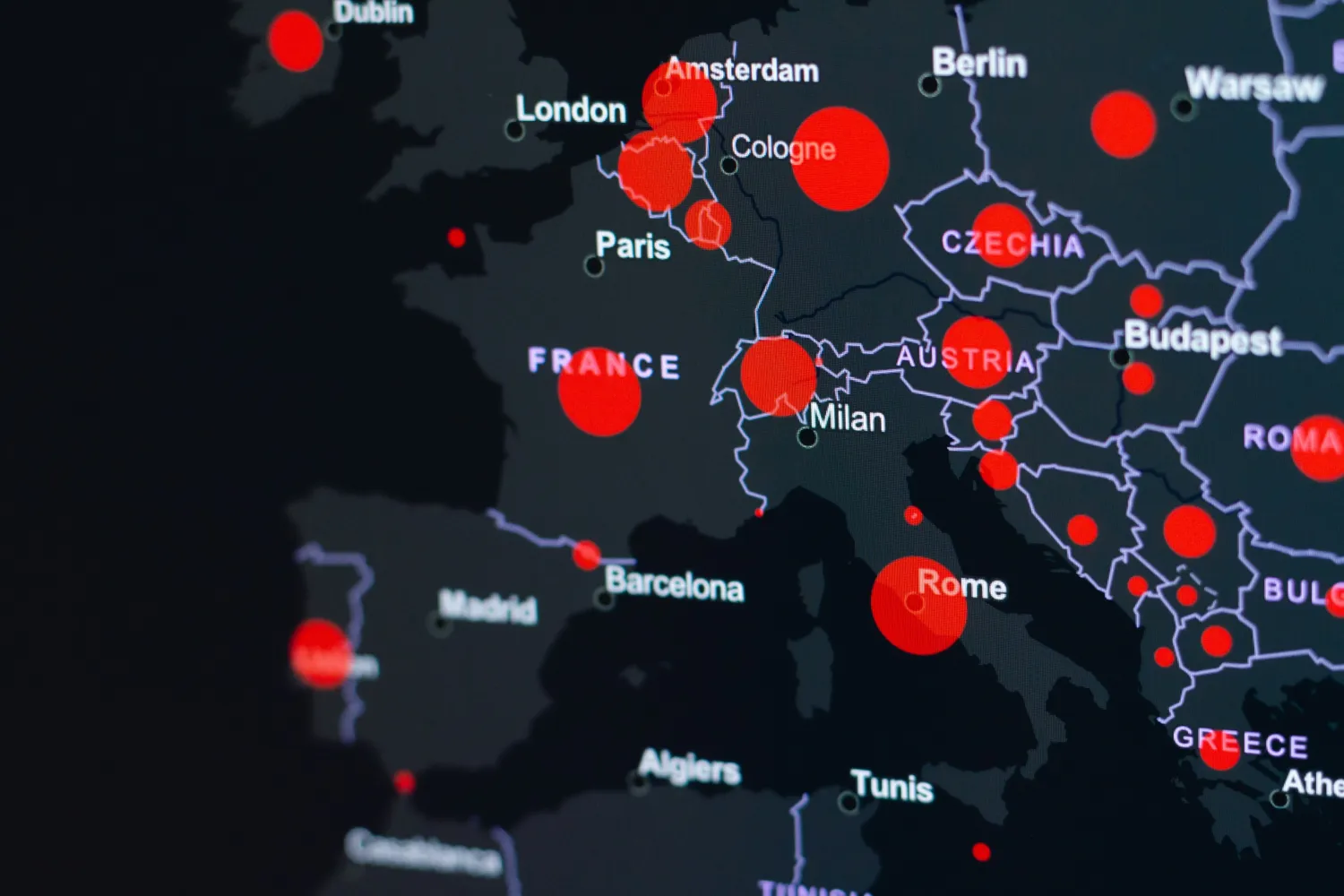 Map of Europe and the UK with red dots of people being traced in 24 hours