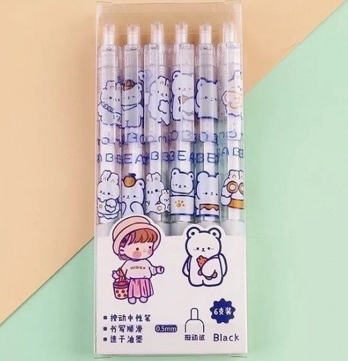 cartoon boxed gel pen blk 6 in pack bear model
