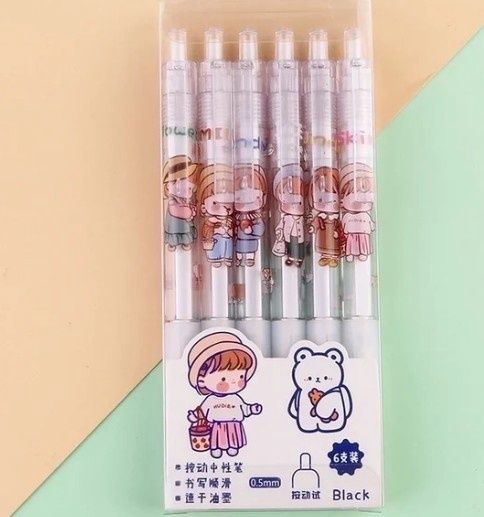 cartoon boxed gel pen blk 6 in pack transparent -girls