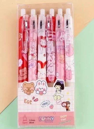 cartoon boxed gel pen blk 6 in pack transparent pinkholder style