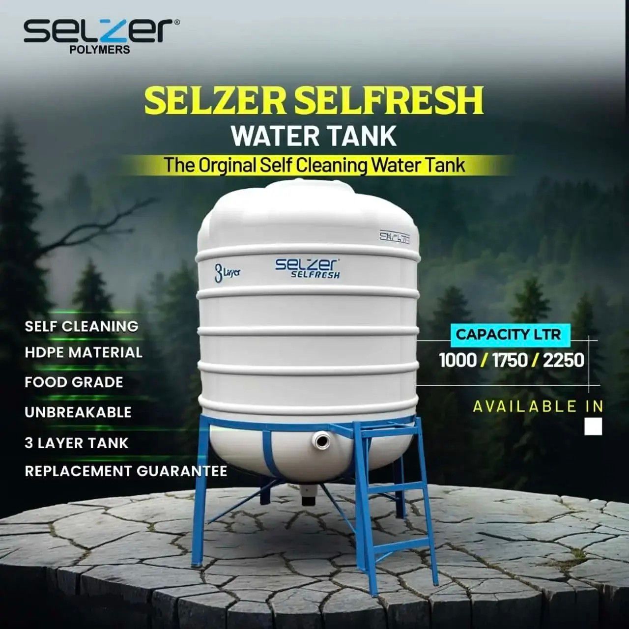 Selzer Selfresh 1000 Ltr 3 Layer Auto Clean Water Tank with 4 Feet MS Stand