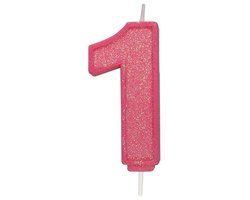 cijfer kaars 1 roze glitter