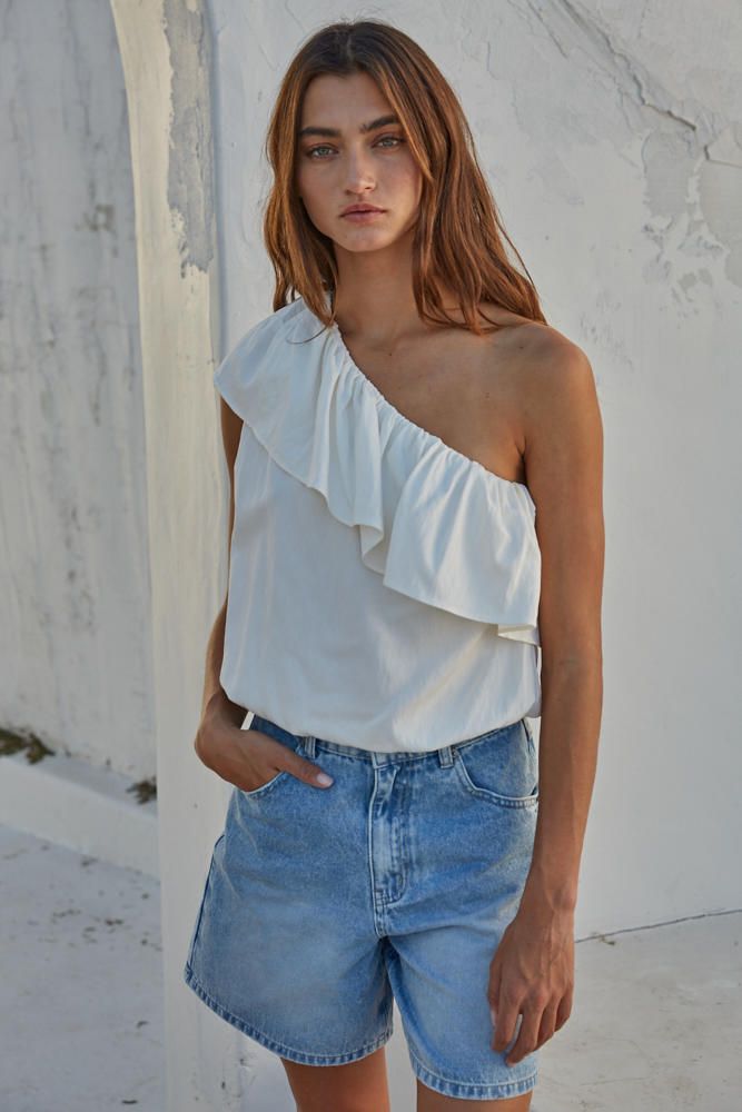 Asymmetrical Ruffle Top, Color: IVORY, Size: S