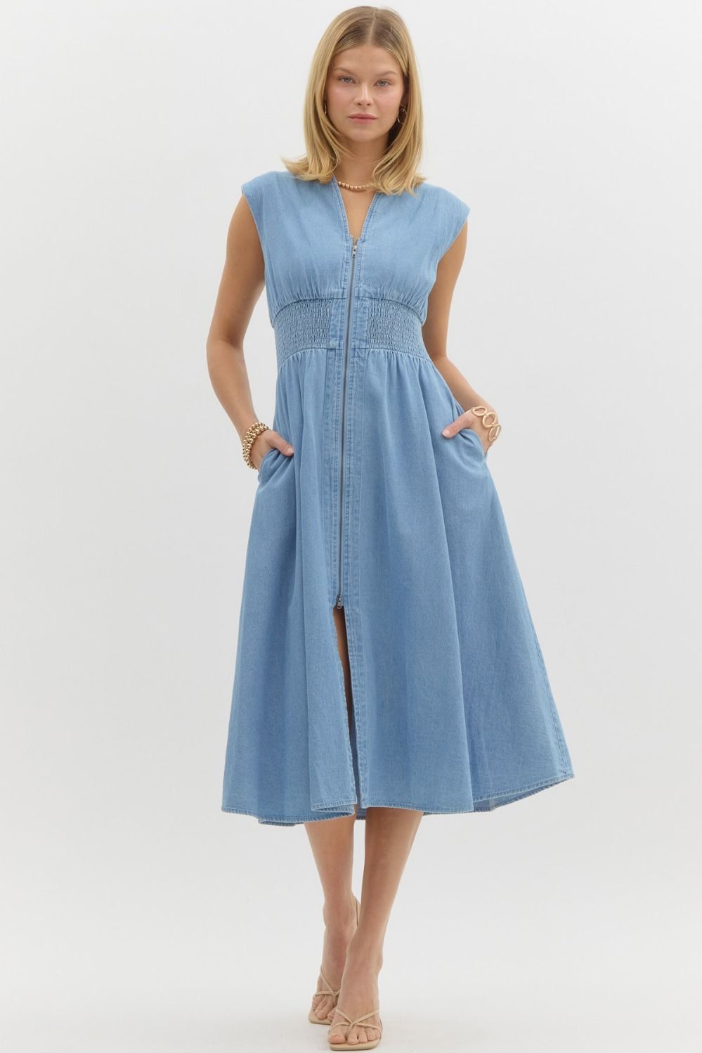 Denim Zipper Midi Dress, Color: LT BLUE, Size: S