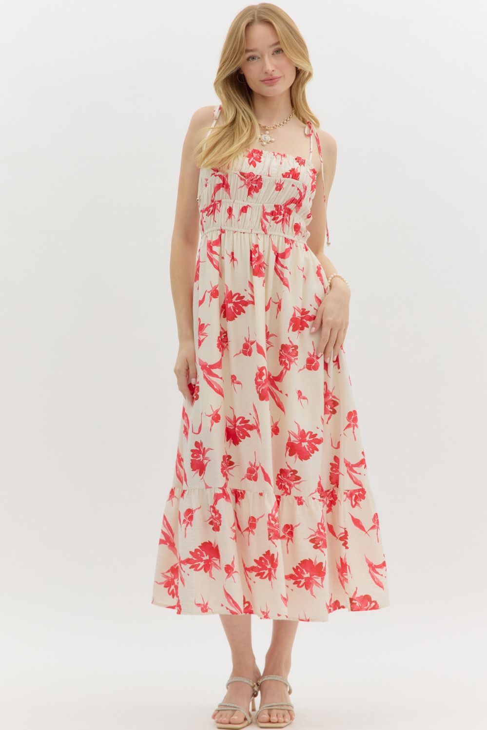 Floral Shoulder Tie Midi Dress, Color: RED/CREAM, Size: S