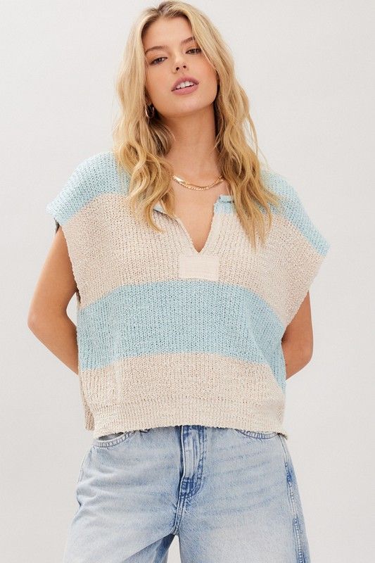 S/S Wide Striped Sweater, Color: MINT/ECRU, Size: S