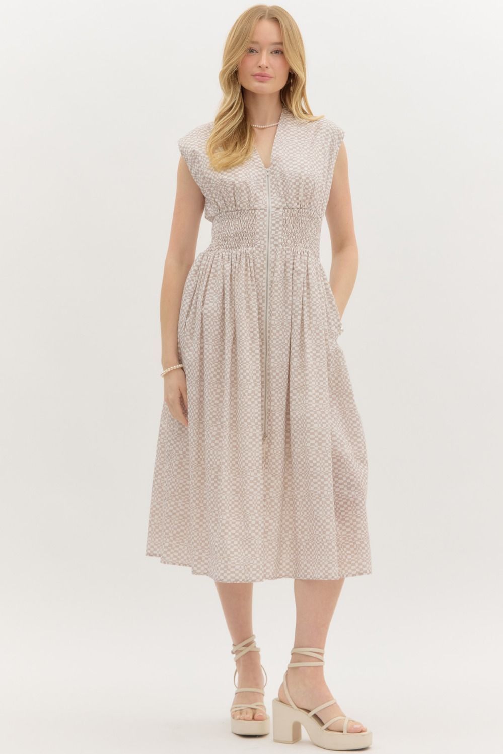 Abstract Prt Vneck Zipper Midi Dress, Color: LATTE, Size: S