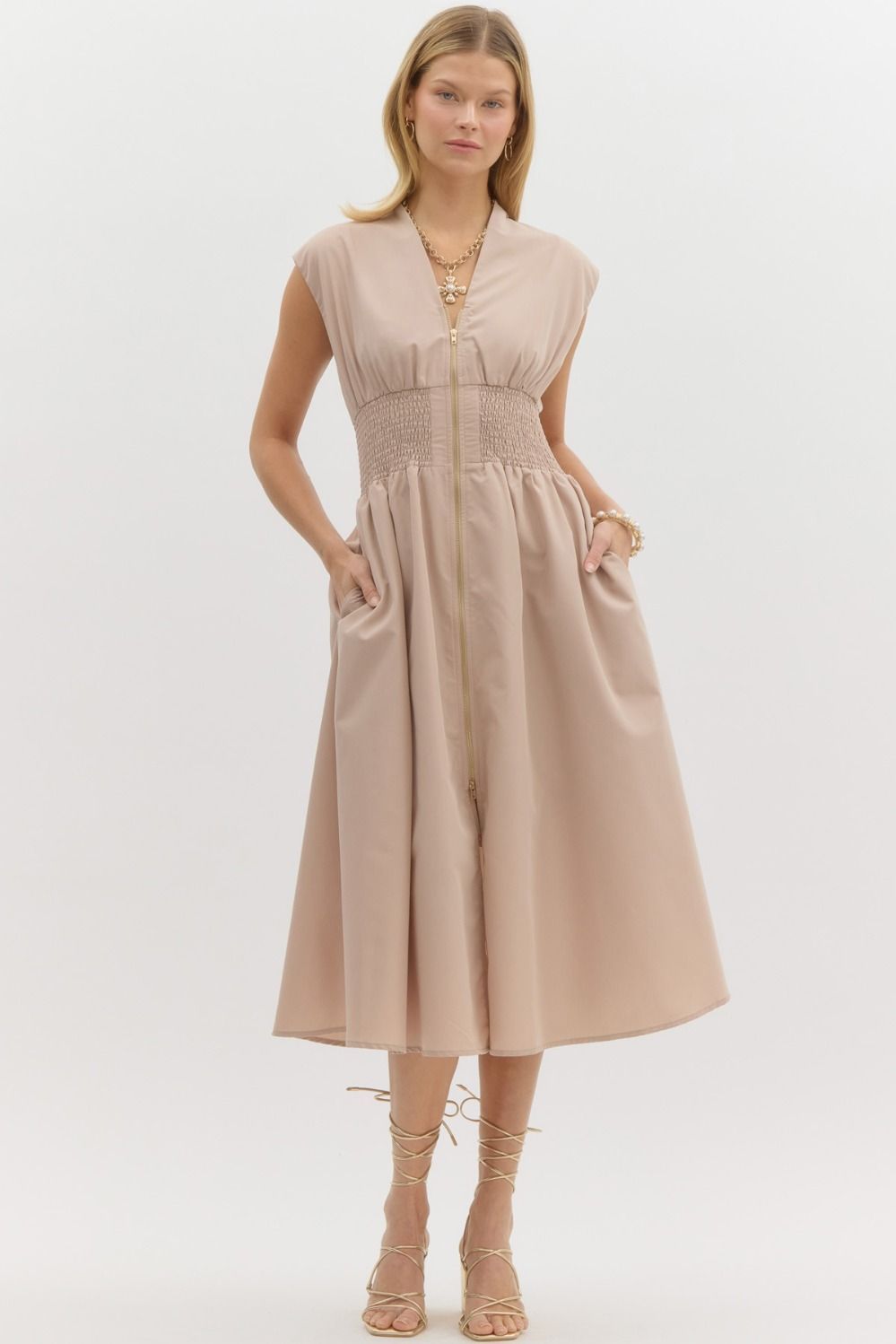 Solid Zipper Midi Dress