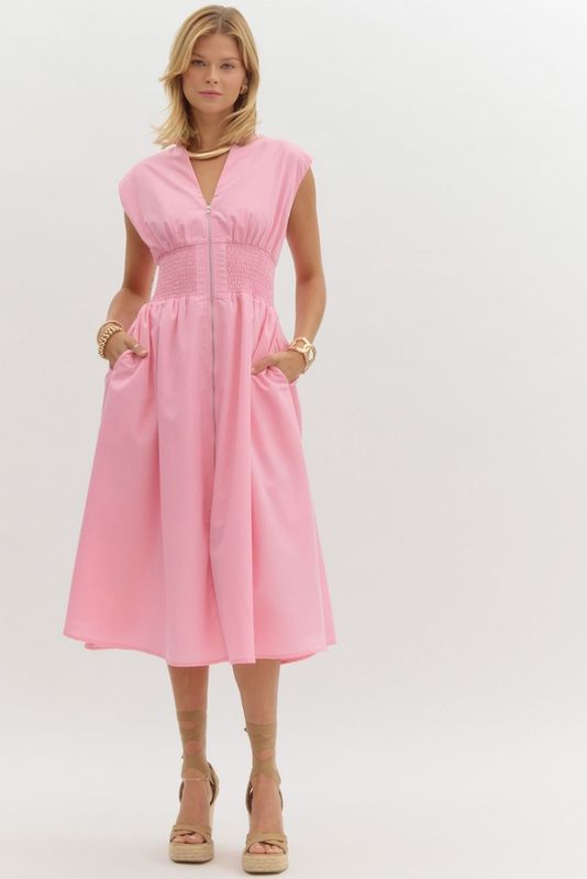 Solid Zipper Midi Dress