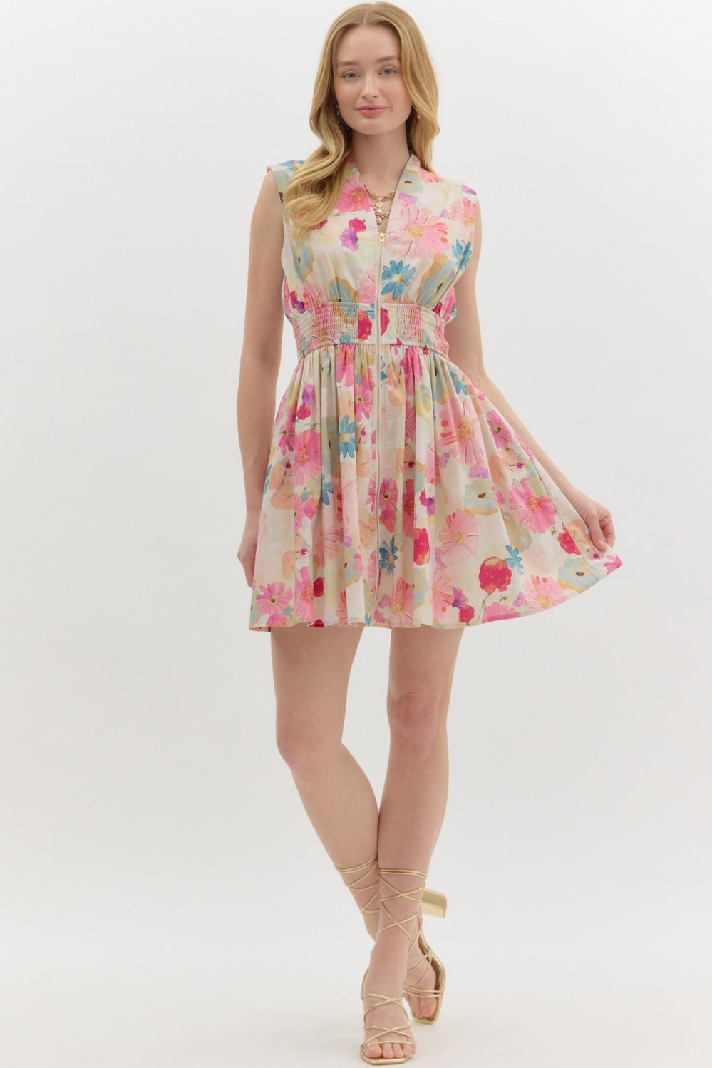 Floral Vneck Zipper Mini Dress
