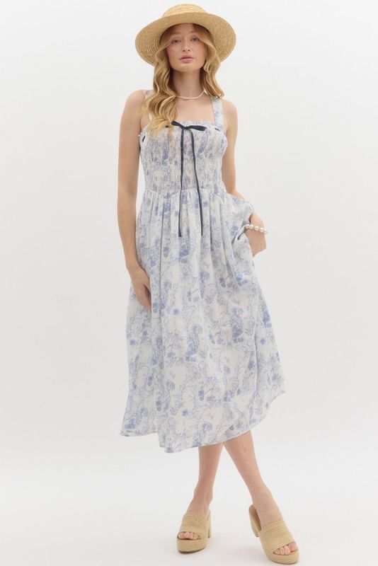 Floral Smocked Bow Det Midi Dress