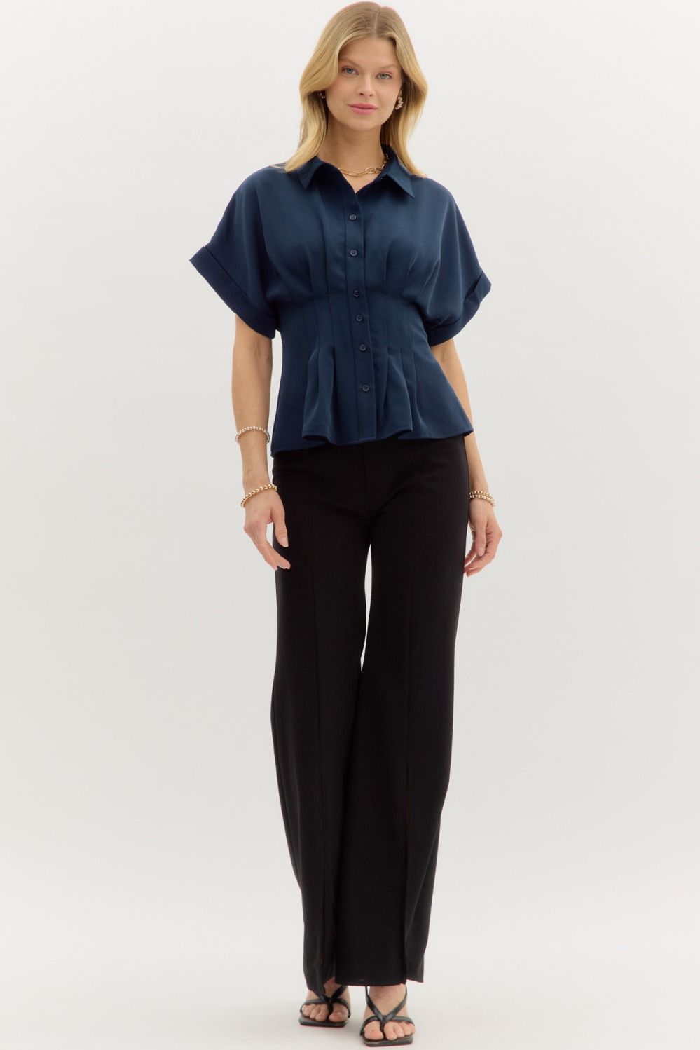 Pleated Roll Up Slv Button Blouse