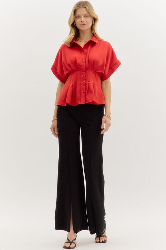 Pleated Roll Up Slv Button Blouse
