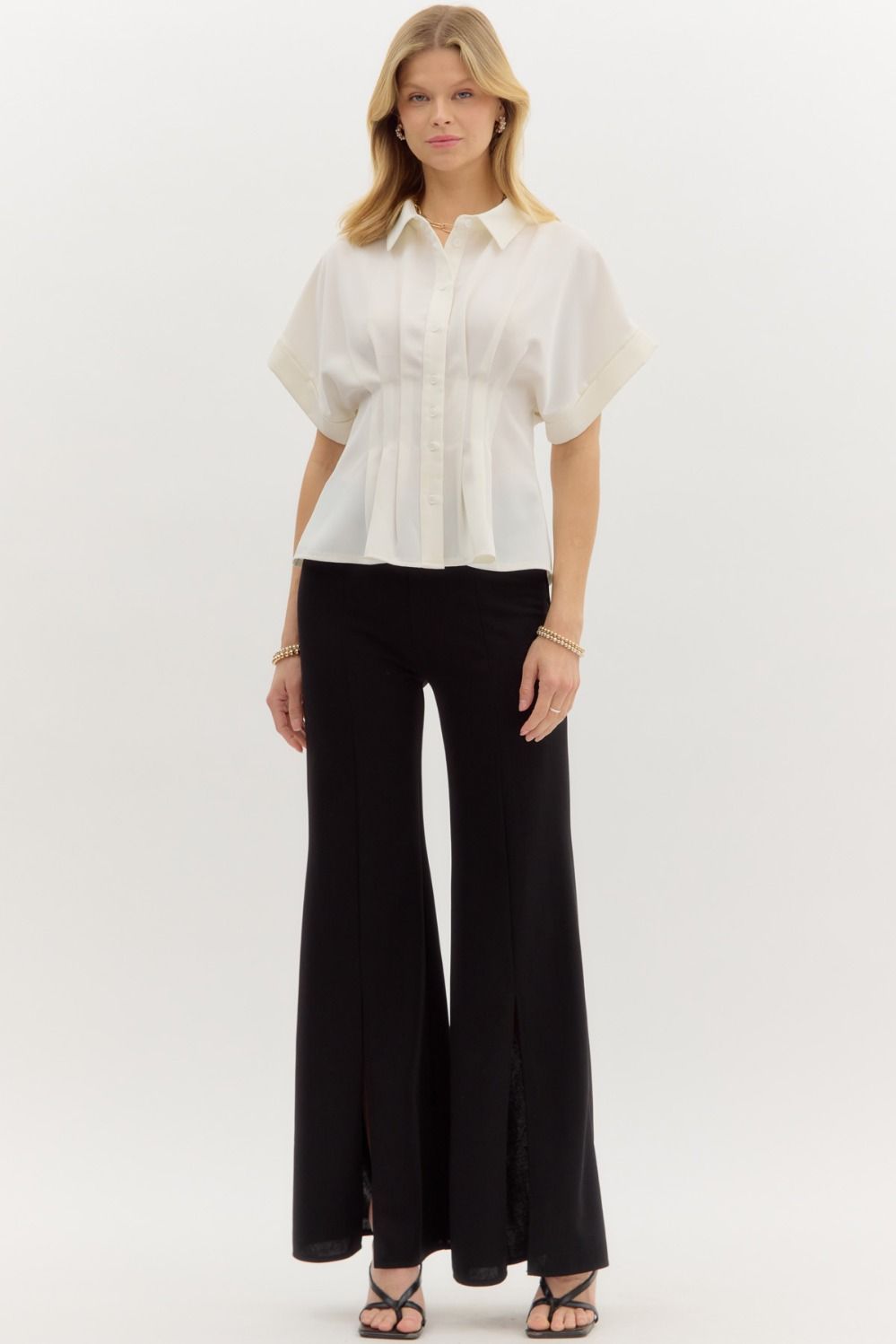 Pleated Roll Up Slv Button Blouse