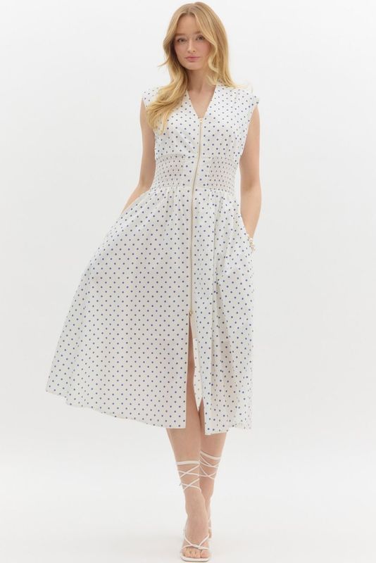 Polka Dot Vneck Zip Up Midi Dress