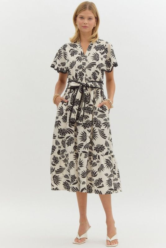 Flutter Slv Floral Midi Drs W/Belt