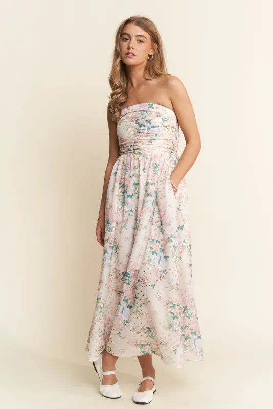 Floral Lace Ruched Maxi Tube Dress