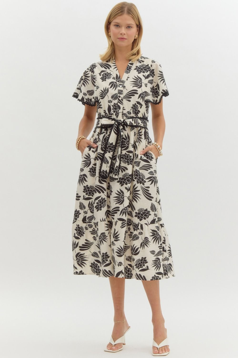Flutter Slv Floral Midi Drs W/Belt, Color: CREAM/BLK, Size: S