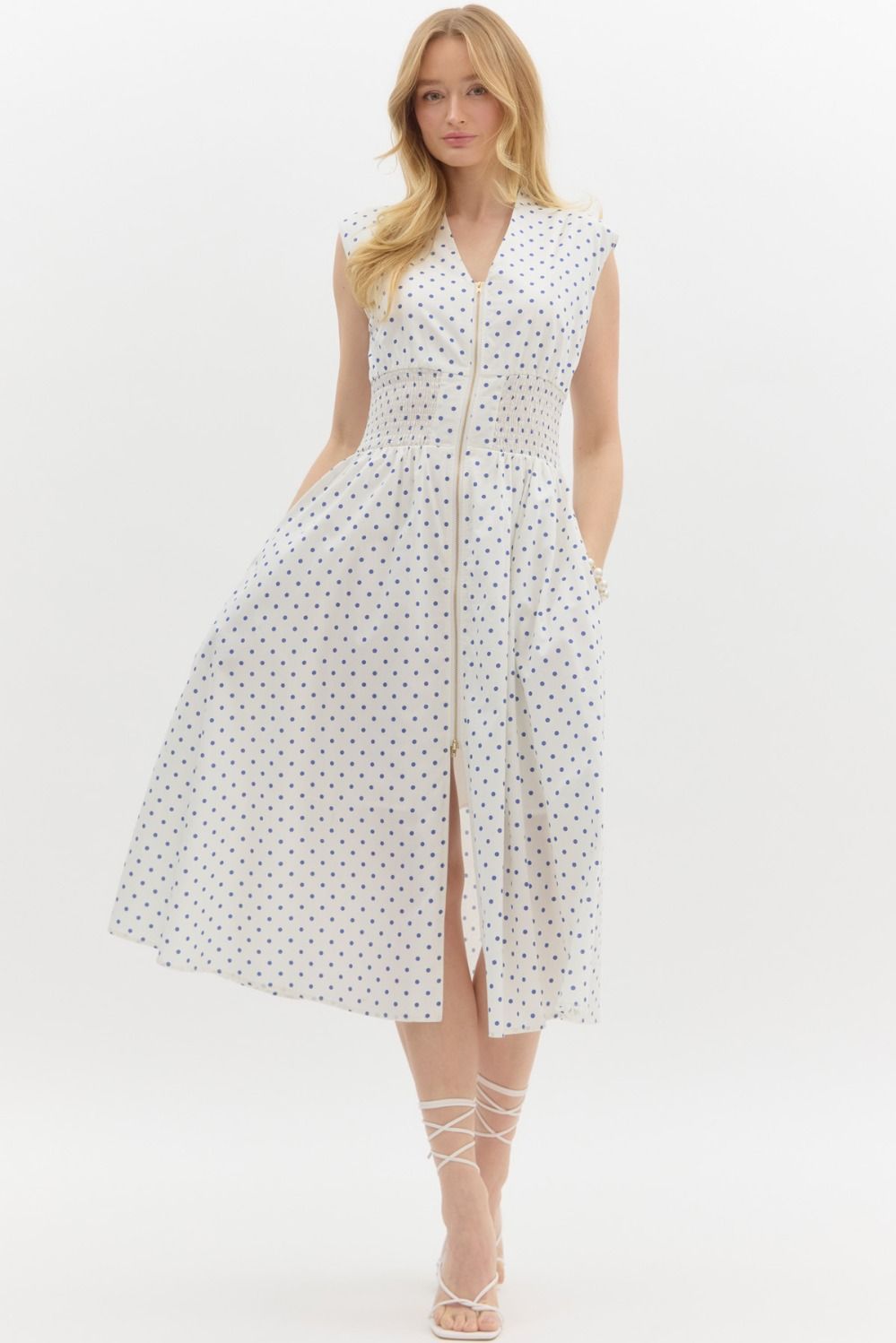 Polka Dot Vneck Zip Up Midi Dress, Color: OFFWHT, Size: S