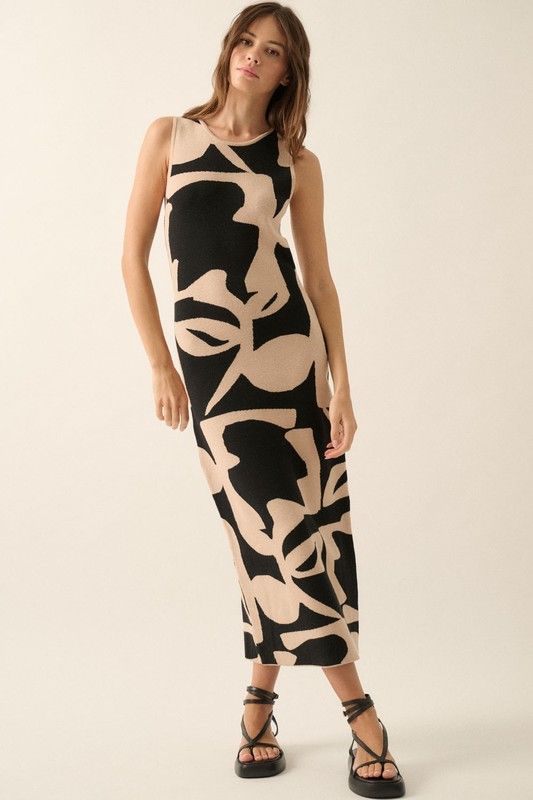 Abstract Floral Sweater Dress, Color: SAND/BLK, Size: S