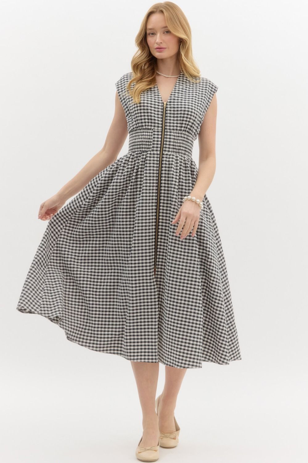 Gingham Vneck Zip Up Midi Dress, Color: BLACK, Size: S