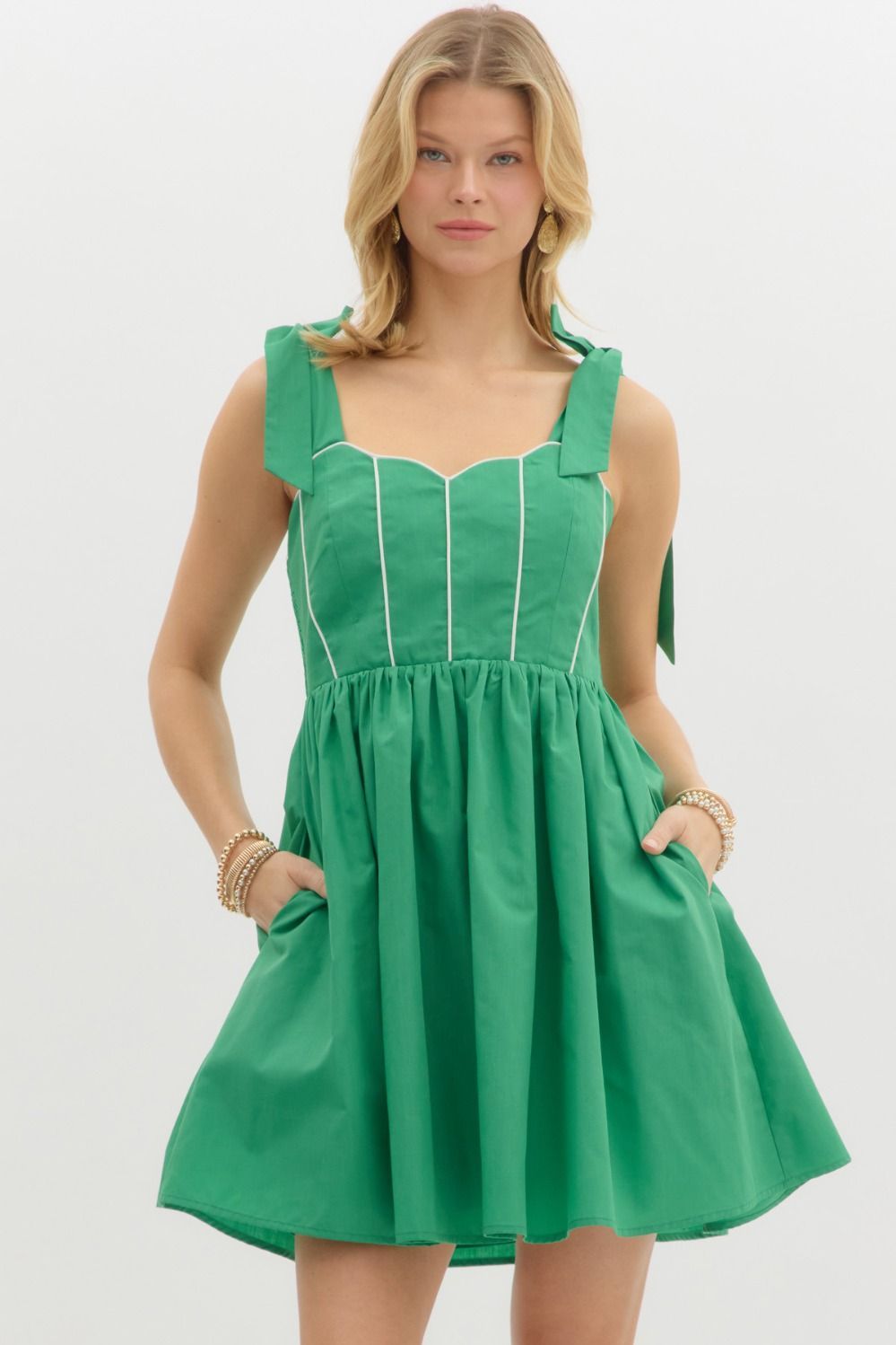 Piping Det Scallop Neck Mini Dress, Color: GREEN, Size: S