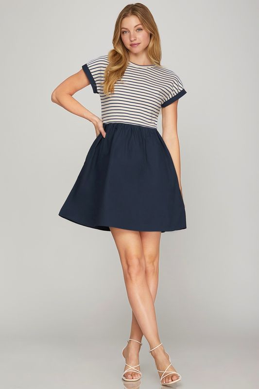 Contrast Cap Slv Mixed Media Dress