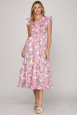 S/L Floral Prt Ruffle Slv Midi Dress