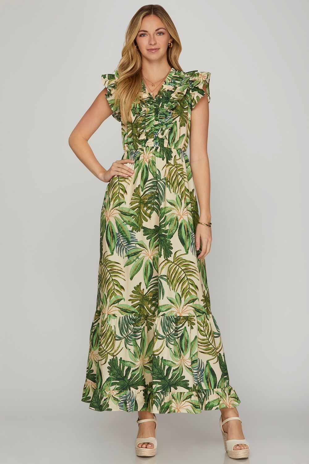 S/L Tropical Prt Maxi Dress