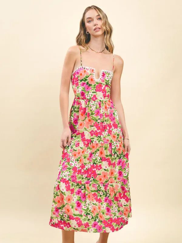 Floral Prt Contrast Stitch Midi Dress