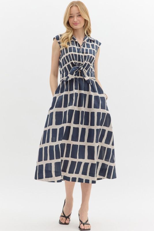 Abstract Prt Button Midi Dress Knot Det