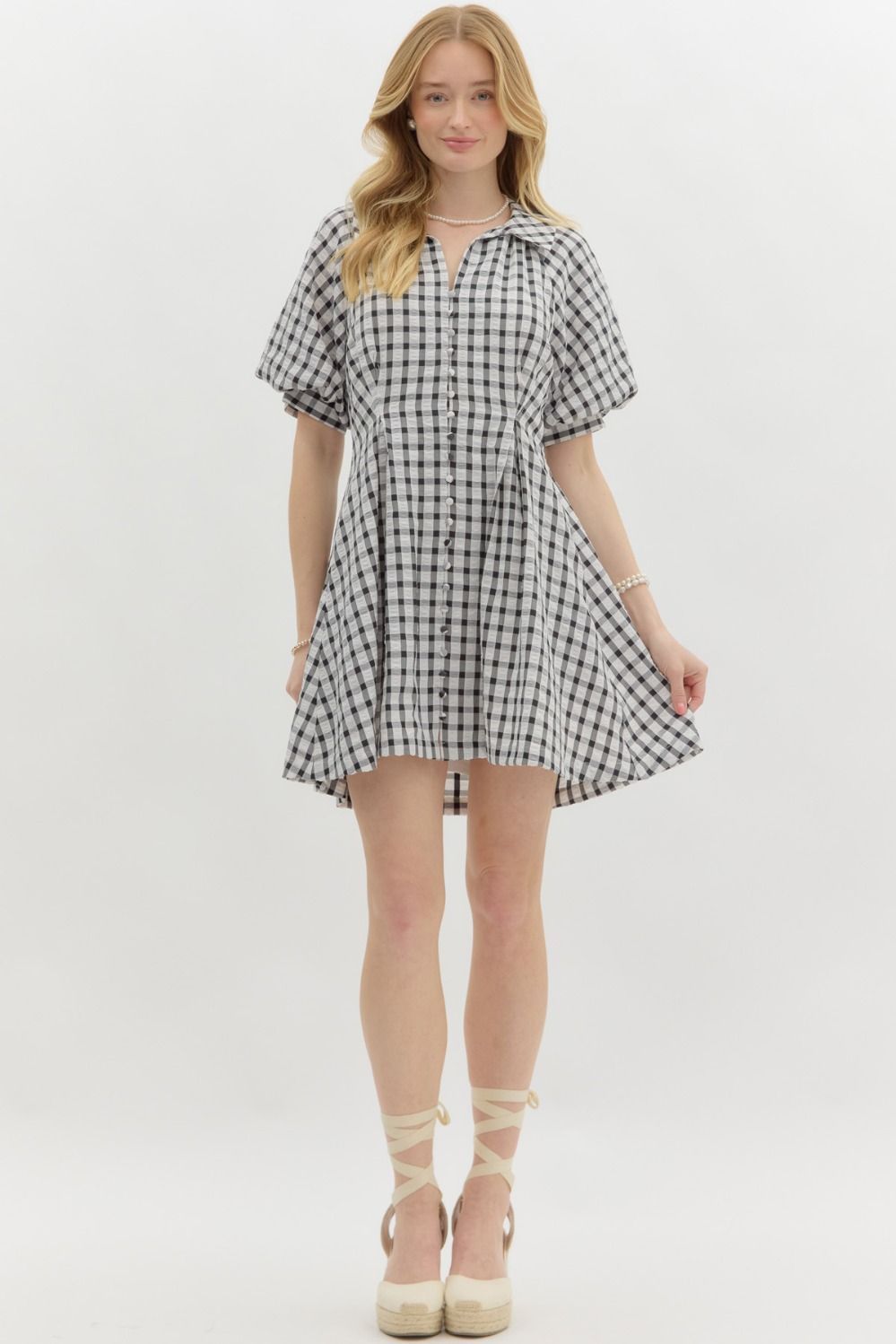 Gingham Pleated Bubble Slv Mini Drs