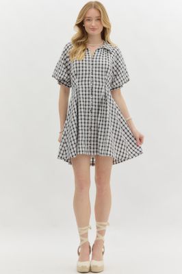 Gingham Pleated Bubble Slv Mini Drs