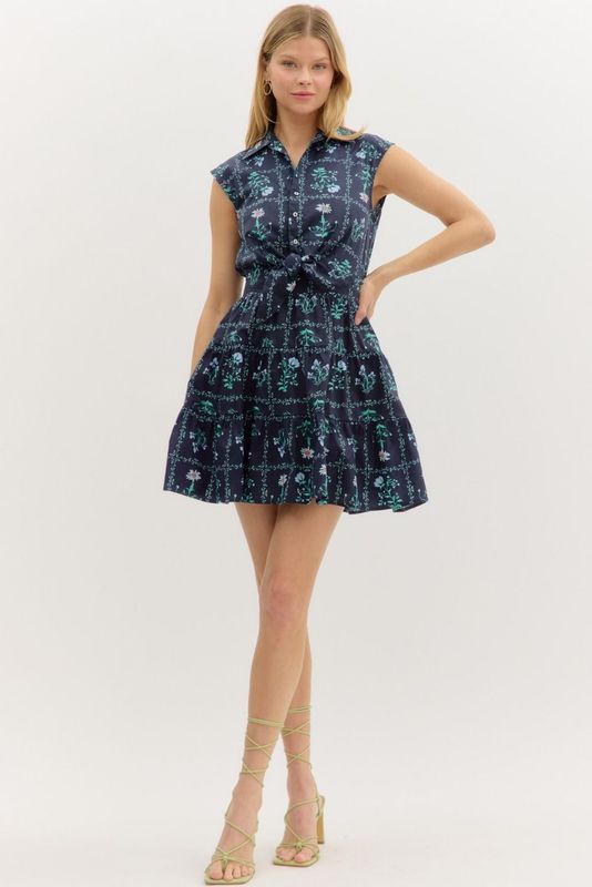 Floral Prt Waist Tie Front Mini Dress