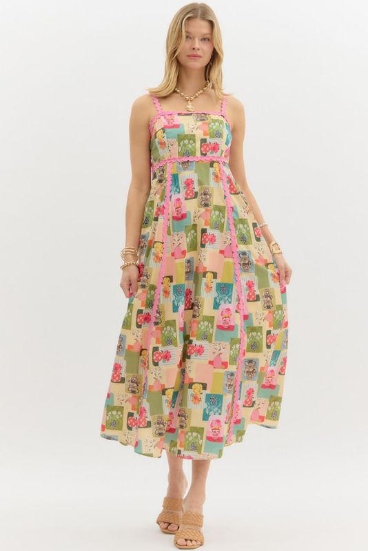 Abstract Floral High Empire Midi Dress