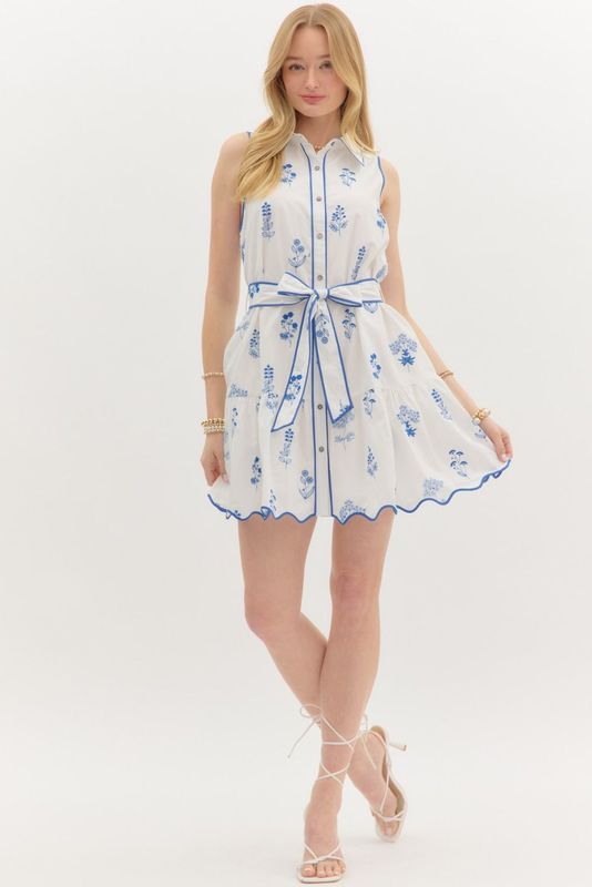 Floral Embrd Button Mini Dress W/Tie Belt