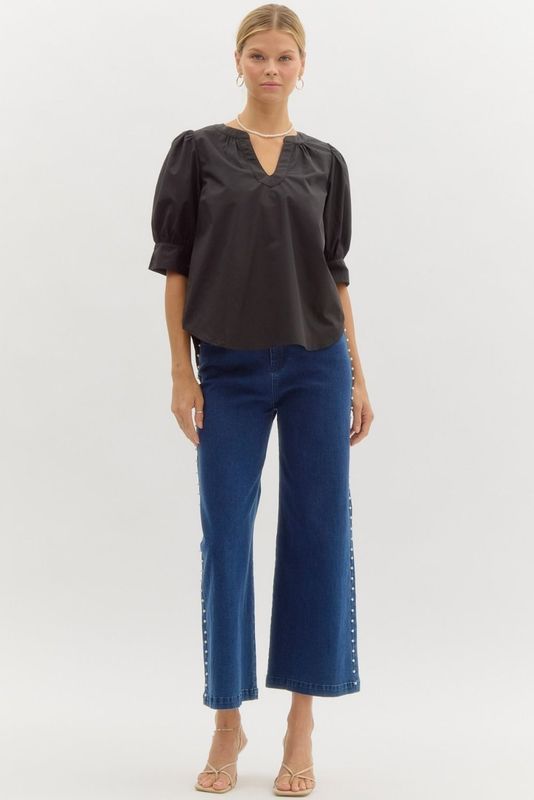 3/4 Puff Slv Vneck Blouse