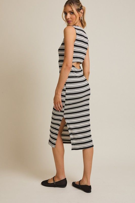 Striped Cut Out Back Rib Midi Dress