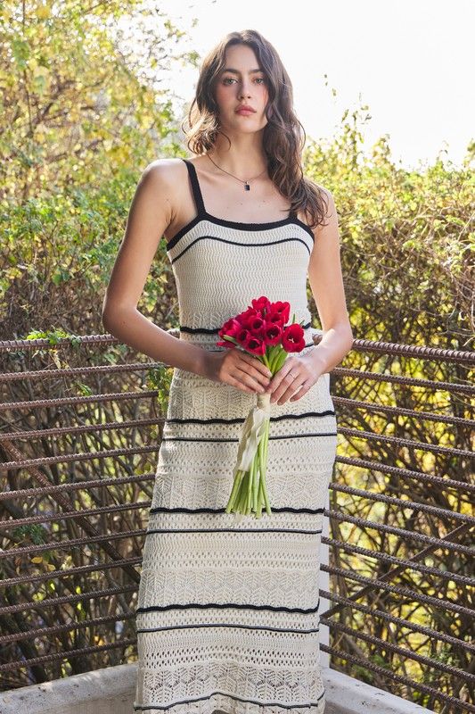 Fit &amp; Flare Crochet Sweater Midi Dress