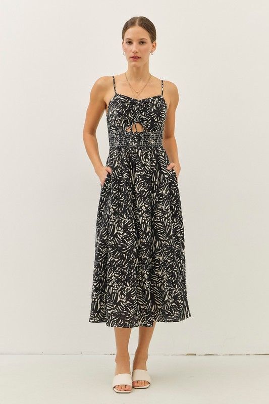 Tropical Leaf Dress W/Cutout Detail