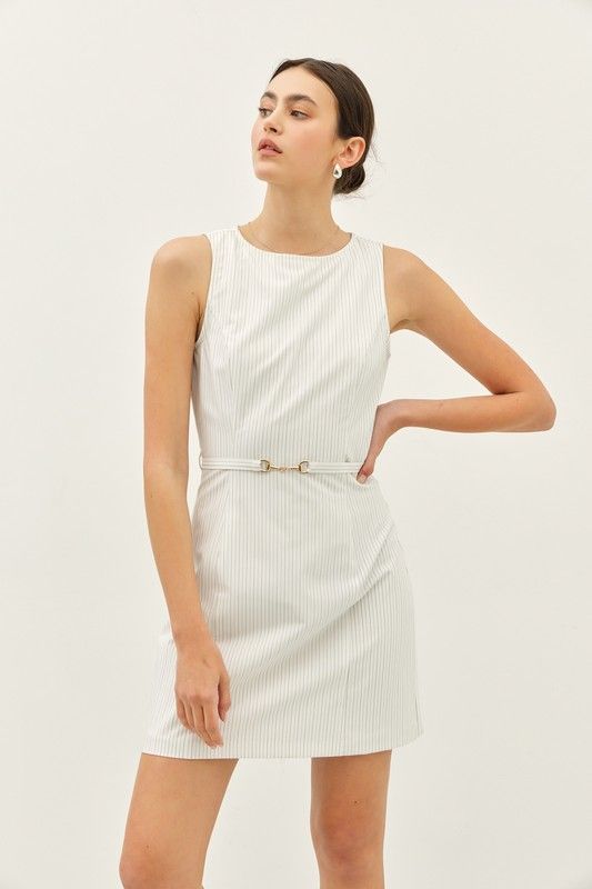 Chalk Stripe Belted Fitted Mini Dress
