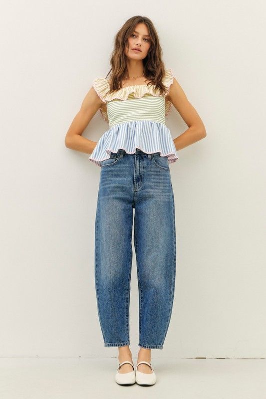 Multi Stripe Ruffled Square Neck Top