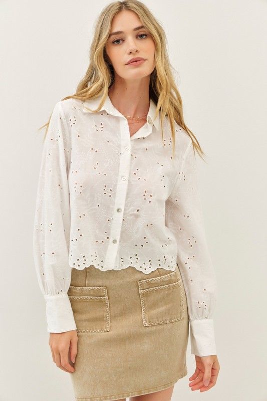 Embroidered Cotton Eyelet Button Down Shirt, Color: OFFWHT, Size: S