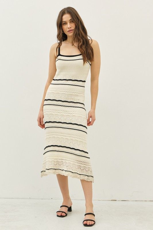 Fit &amp; Flare Crochet Sweater Midi Dress, Color: CREAM/BLK, Size: S