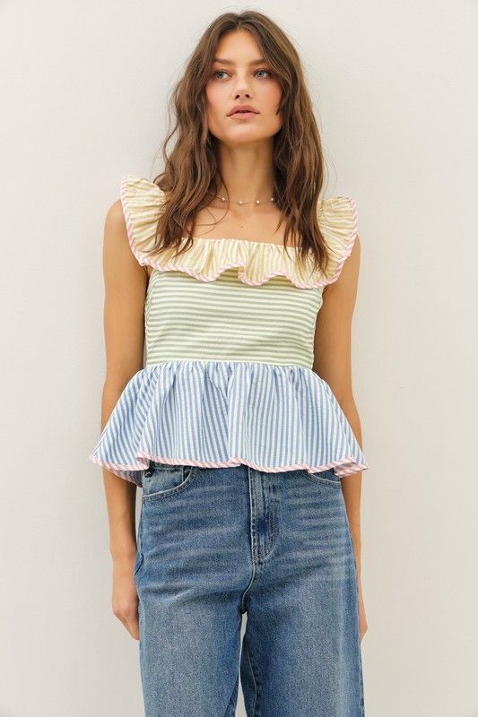 Multi Stripe Ruffled Square Neck Top, Color: PASTEL MULTI, Size: S