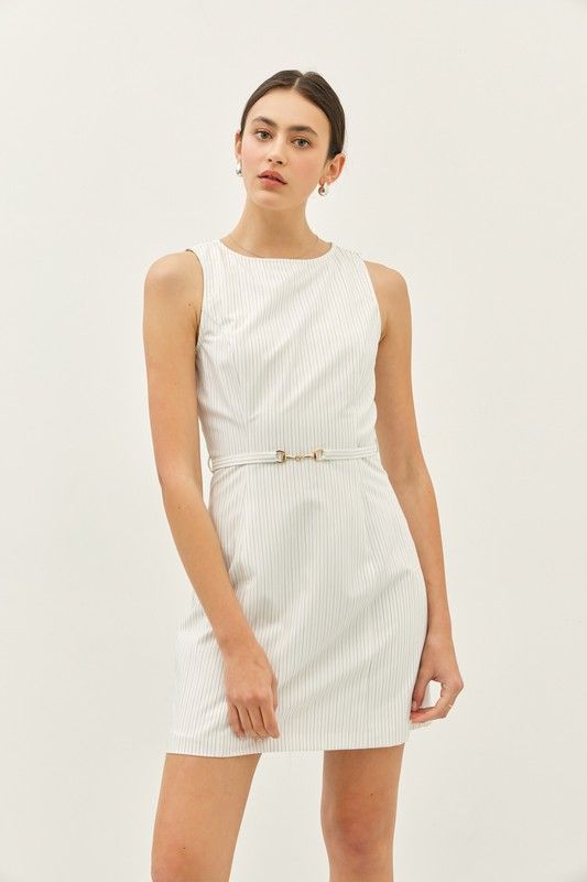 Chalk Stripe Belted Fitted Mini Dress, Color: OFFWHT/BLK, Size: S